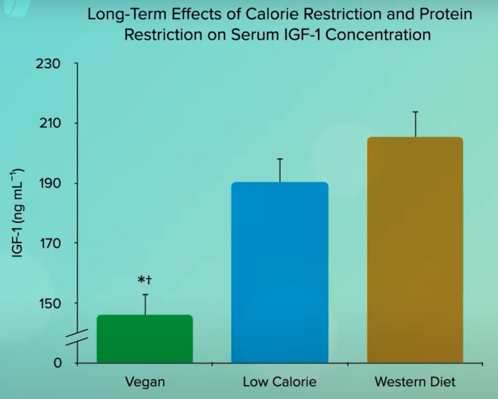 Chart showing bigger restriction of IGF-1 concentration compared to a low calorie or western diet